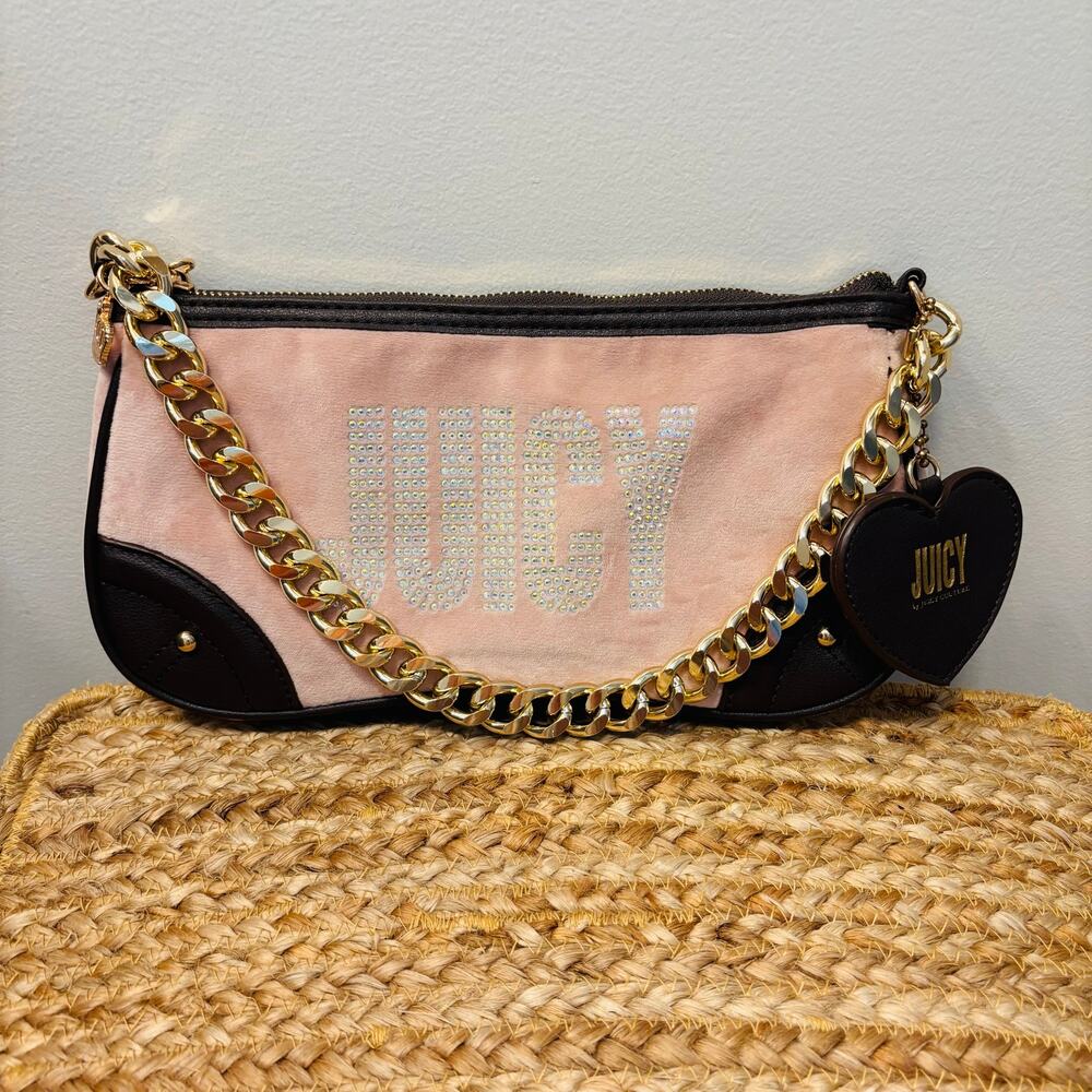 Y2K Juicy Couture Glitzed Out Dusty Blush Velour Rhinestone Shoulder Bag Baddie